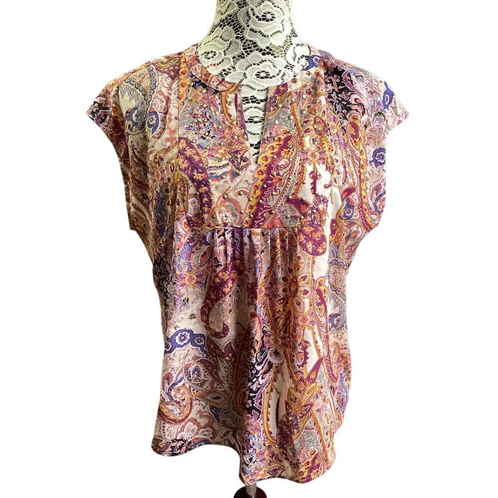 Liz Claiborne Petite‎ Paisley  V-Neck short Sleeve tunic Top Size PL